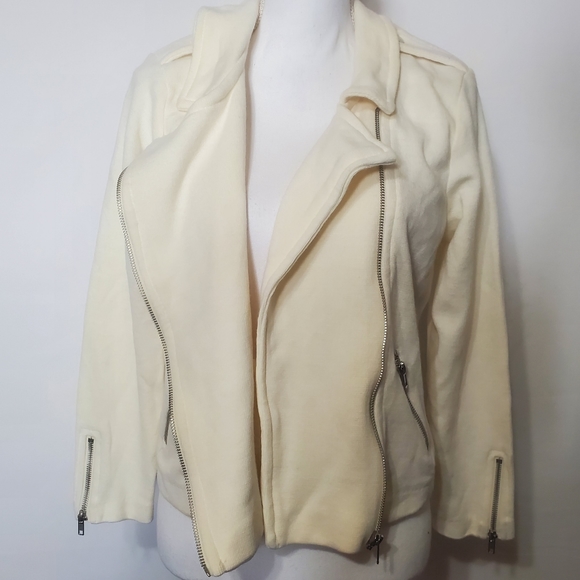 H&M Moto Knit Jacket Womens Size L Cropped Tab Shoulder Zipper Sleeve Diag Zip - Picture 8 of 15